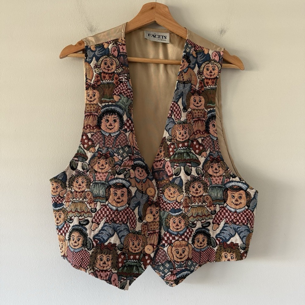 Facets By Mirrors Tapestry Vest Large Raggedy Ann Folk Artsy Teacher Made in USA